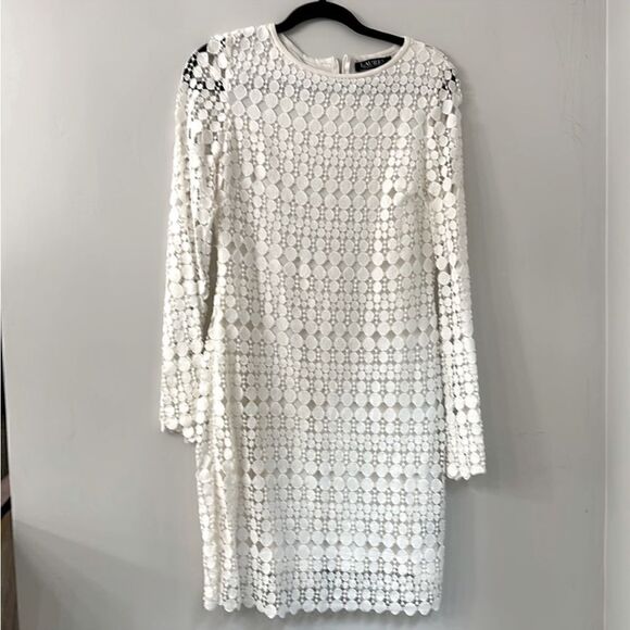 Ralph Lauren White Geometric Lace Overlay Long Sleeve Shift Cocktail Dress - Picture 5 of 8